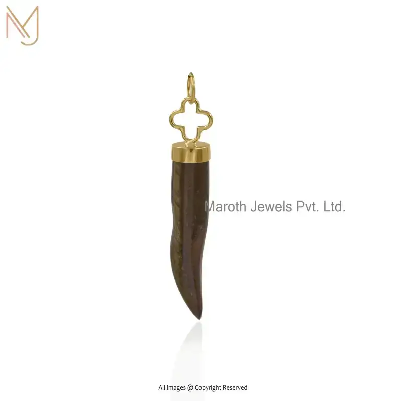 14K Yellow Gold Tiger's Eye Italian Horn Pendant Custom Jewelry