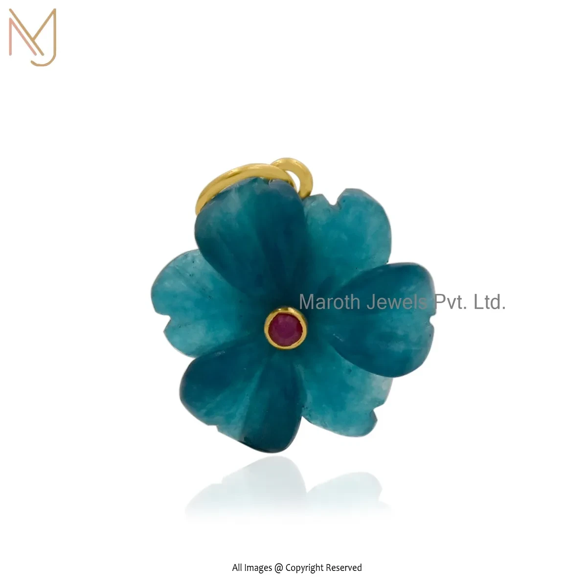 Private Lable 925 Silver Yellow Gold Plated Blue Quartz & Ruby Cubic Zircon Flower Pendant