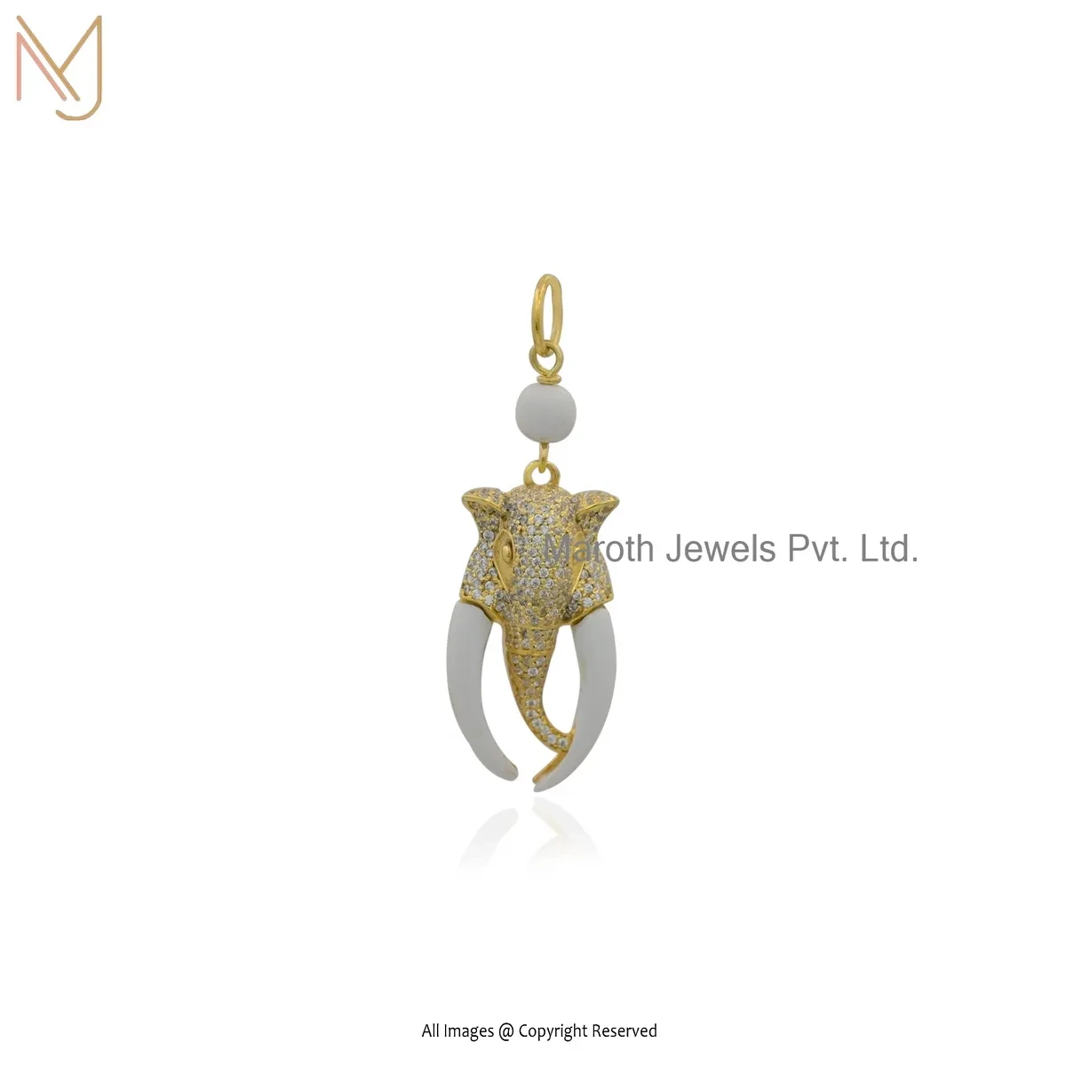 Private Lable 14K Yellow Gold White Coral & Cubic Zircon Elephant Head Pendant
