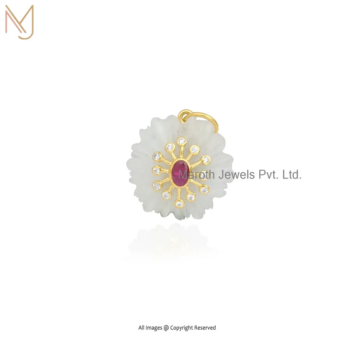 Private Lable 14K Yellow Gold Cubic Zircon & Moonstone Gemstone Flower Pendant