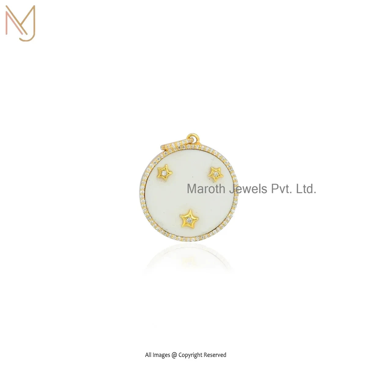 925 Silver Yellow Gold Plated Moissanite & White Agate Gemstone Star Disc Pendant USA