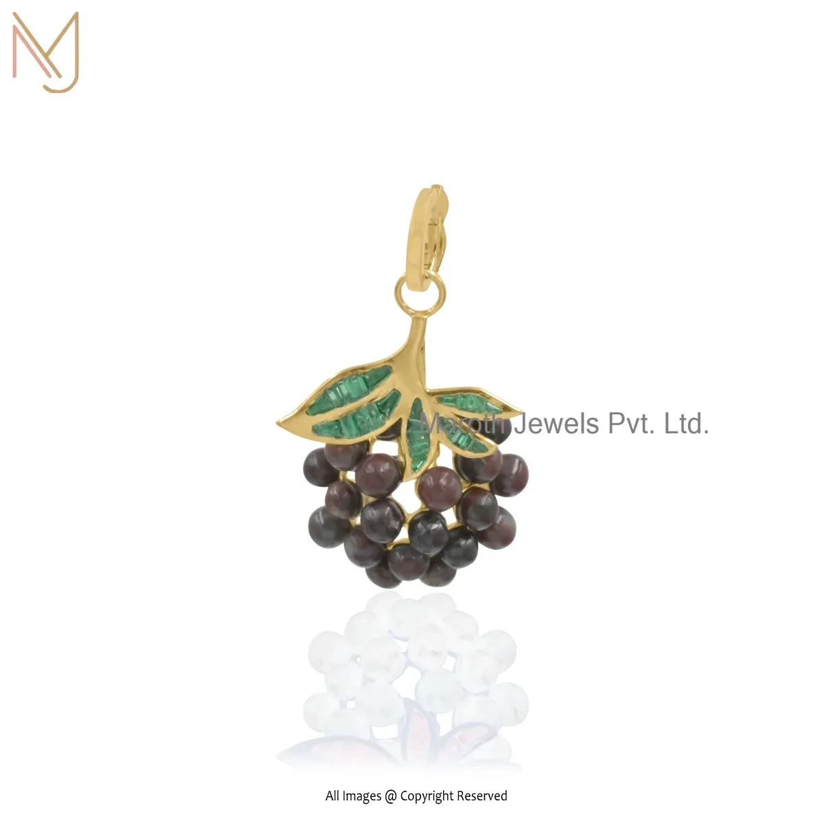 14K Yellow Gold Green Cubic Zircon & Bloodstone Gemstone Grapes Charm Pendant USA