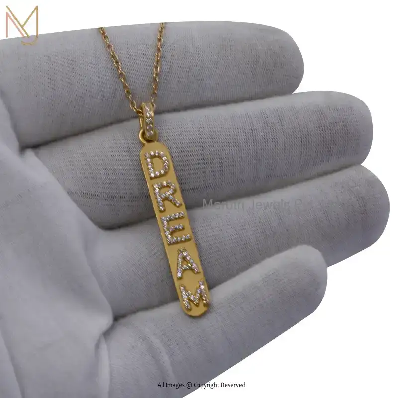 Wholesale 925 Silver Yellow Gold Plated Cubic Zircon DREAM Name Initials Bar Pendant Jewelry