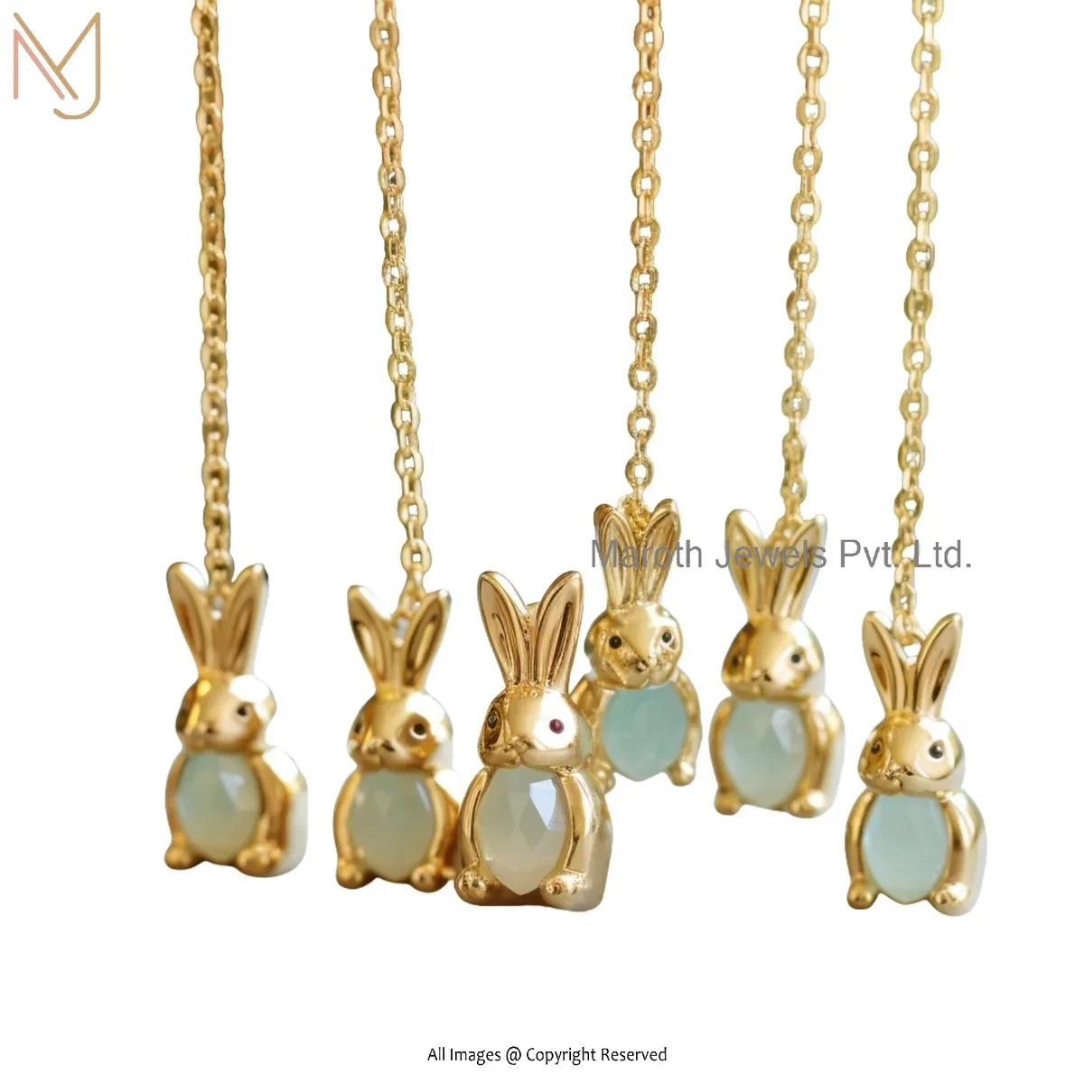 925 Silver Yellow Gold Plated Aqua Chalcedony Rabbit Pendant Jewelry Supplier