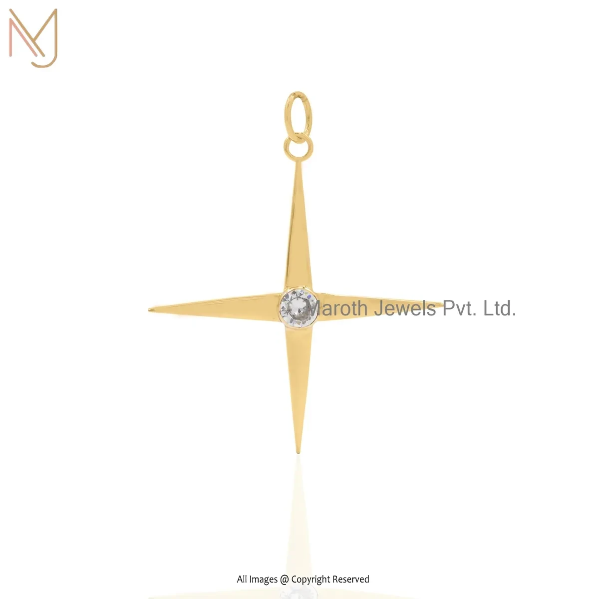 Private Lable 9K Yellow Gold Cubic Zircon & Diamond Four Point Star Pendant
