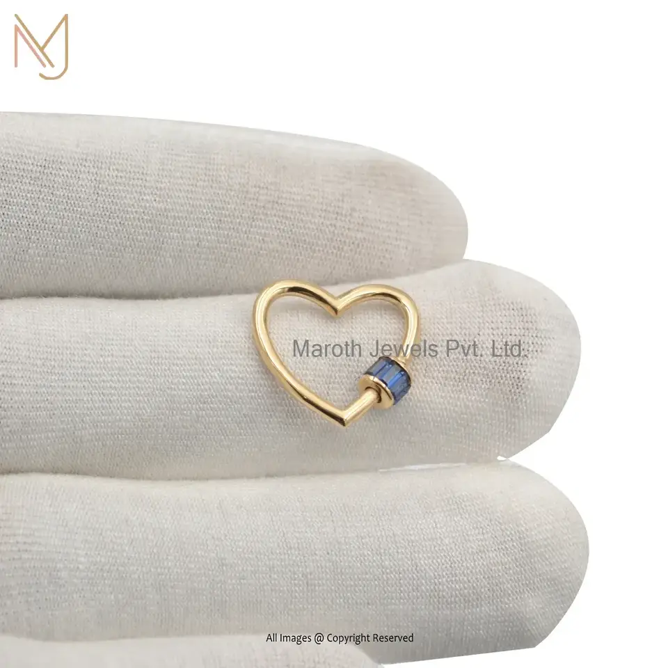 Wholesale 925 Silver Yellow Gold Plated Blue Sapphire Baguette Heart Carabiner Lock