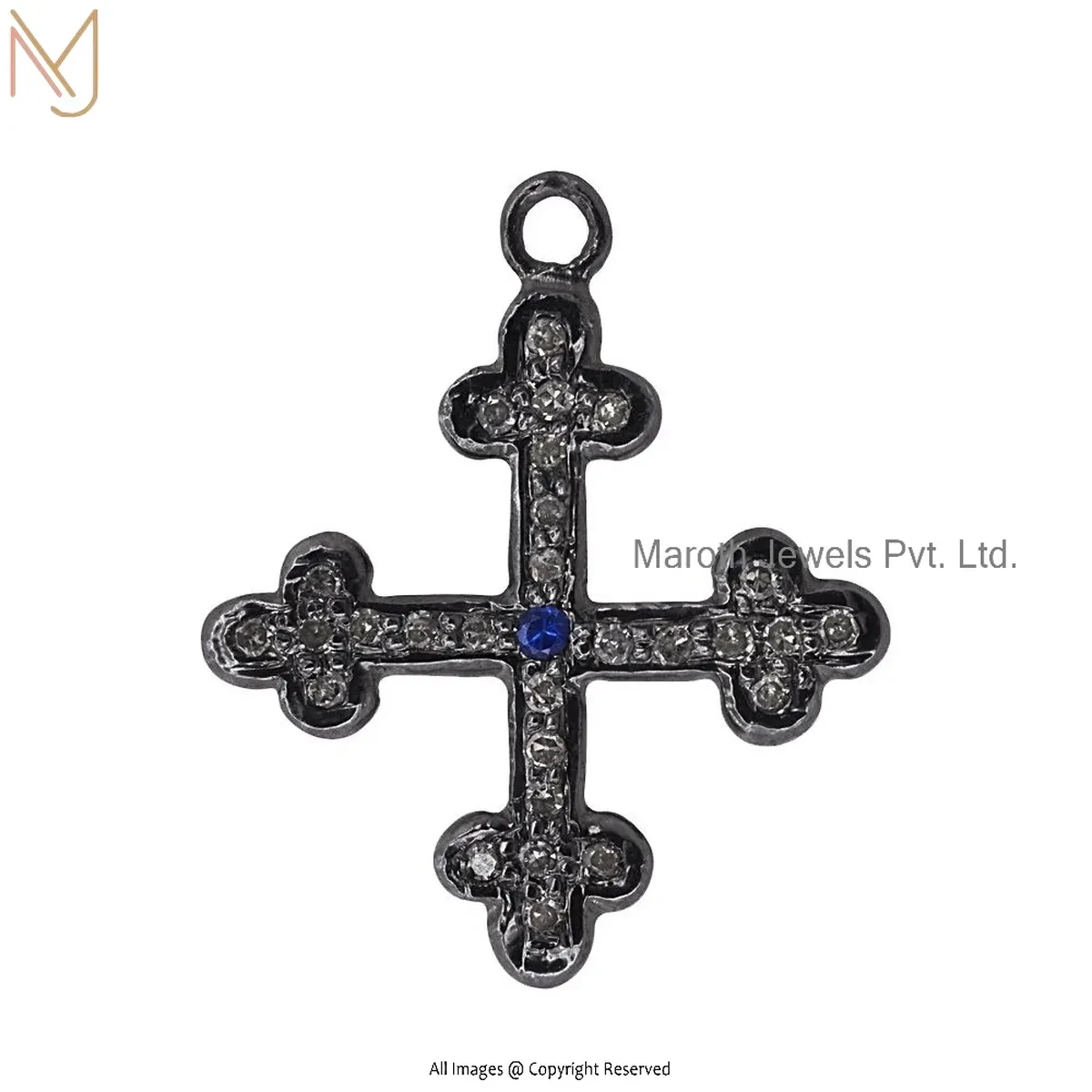 Private Lable 14K Yellow Gold Pave Diamond And Blue Sapphire Cross Pendant