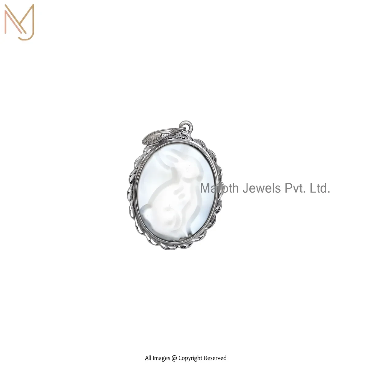 925 Silver Rhodium Plated Mother of Pearl Gemstone Rabbit Pendant Manufacturer