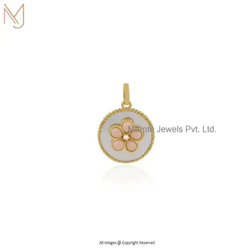 925 Sterling Silver Yellow Gold Plated Moonstone Pink Opal & White Cubic Zircon Gemstone Flower Disc Pendant USA