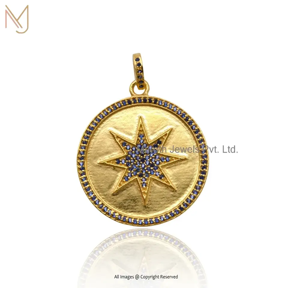 Wholesale 14K Yellow Gold Blue Sapphire Gemstone Star Disc Pendant