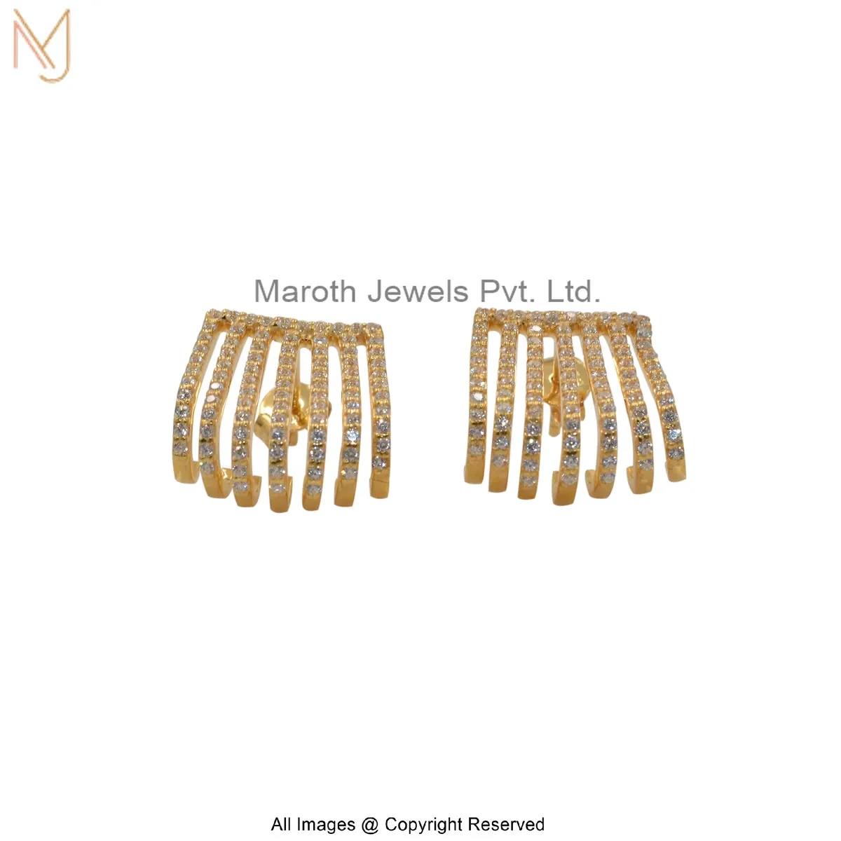 14K Yellow Gold Diamond Multi-Row Ear Cuff Earring Custom Jewelry