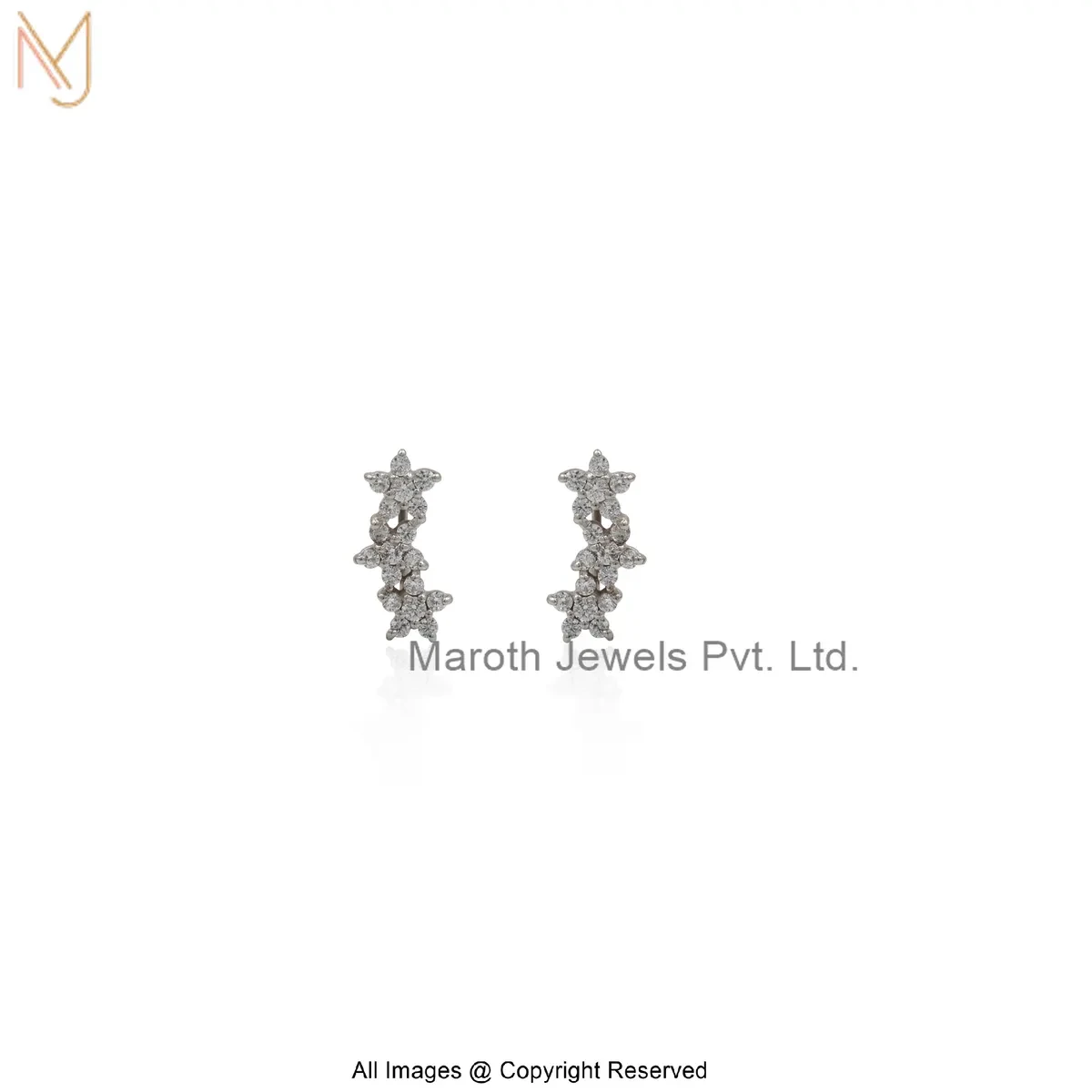 Private Lable 925 Silver White Gold Plated Diamond Cubic Zircon Triple Star Flower Shape Stud Earring