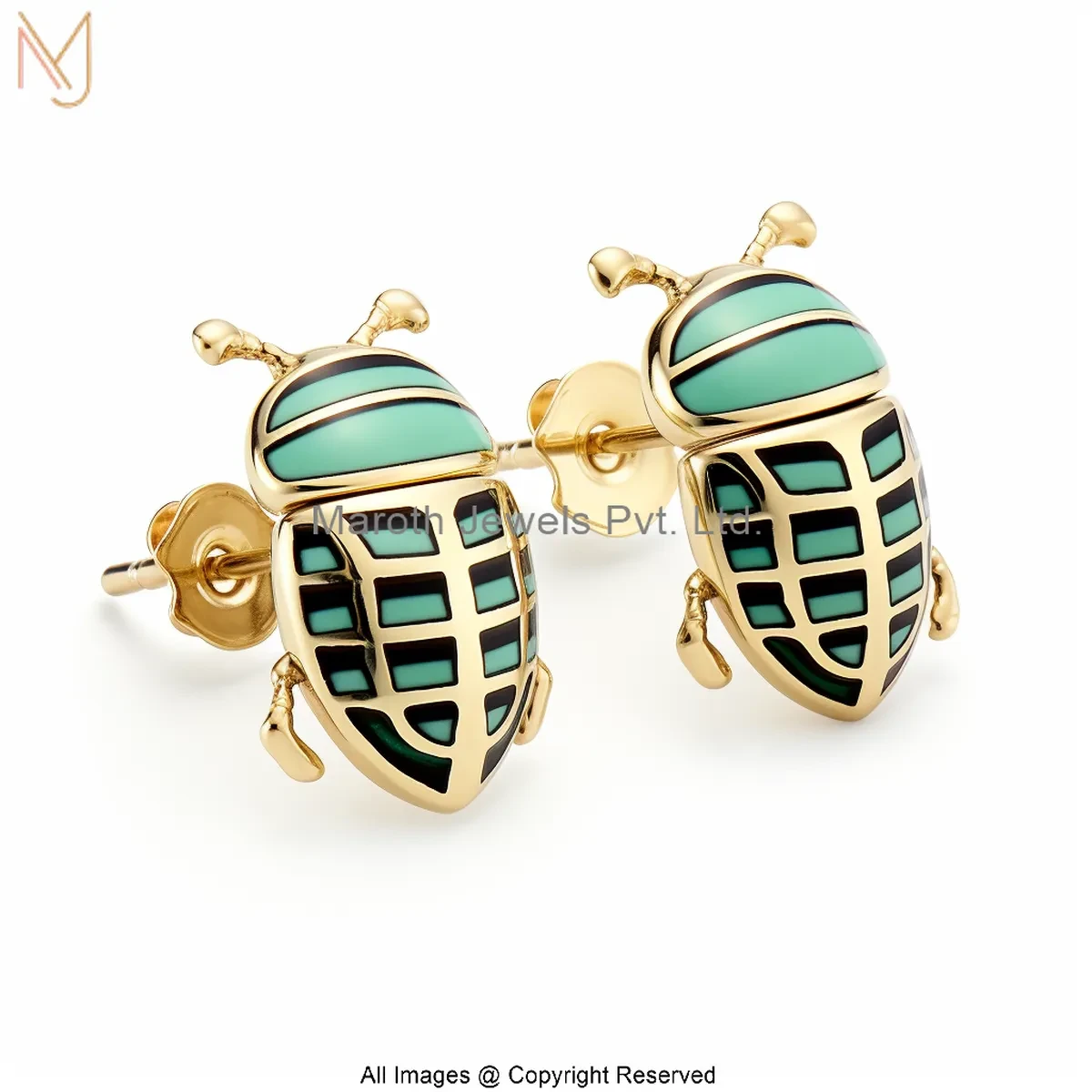 14K Yellow Gold Enamel Scarab Beetle Stud Earring Custom Jewelry