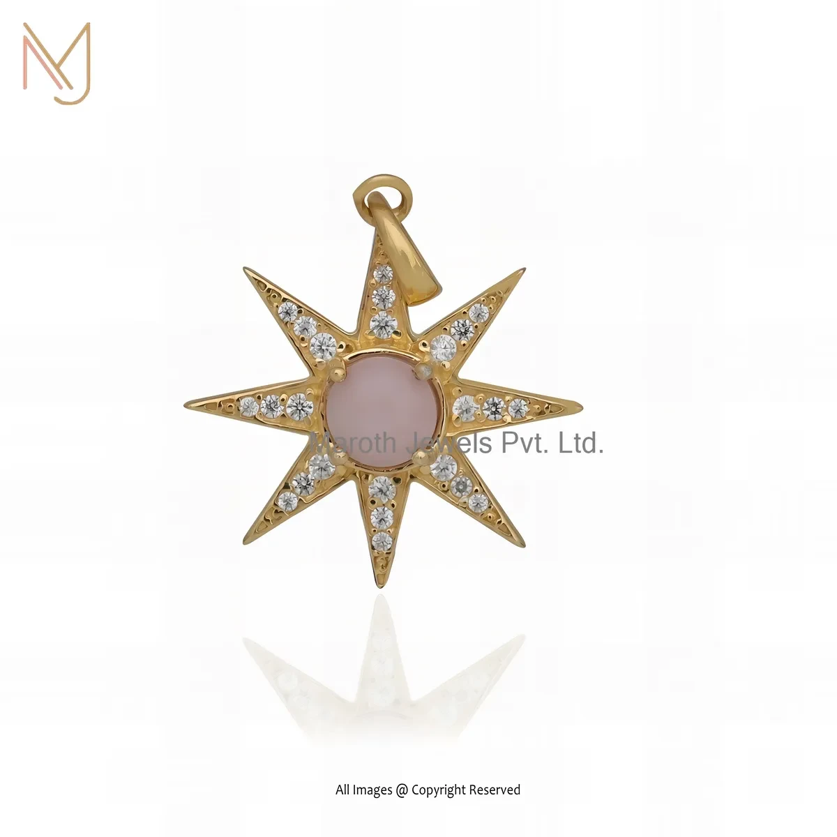 925 Sterling Silver Yellow Gold Plated Cubic Zircon & Pink Opal Gemstone Star Charm Pendant USA