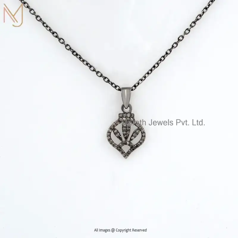 925 Silver Black Rhodium Plated Diamond Leaf Charm Pendant Jewelry Supplier