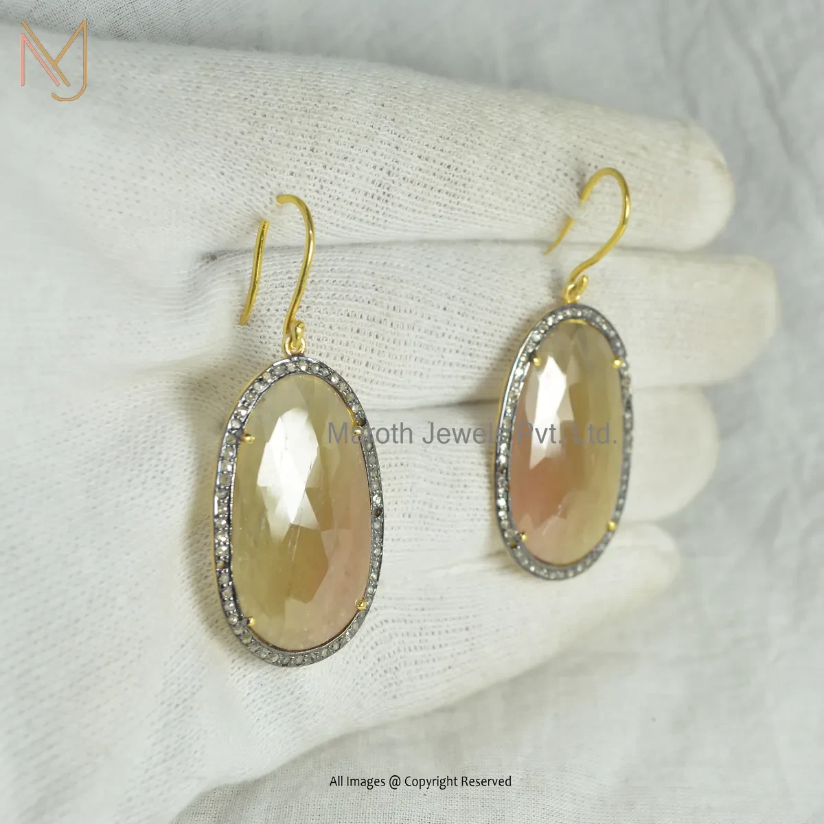 14K Yellow Gold Pave Diamond Yellow Sapphire Gemstone Drop Earring Manufacturer