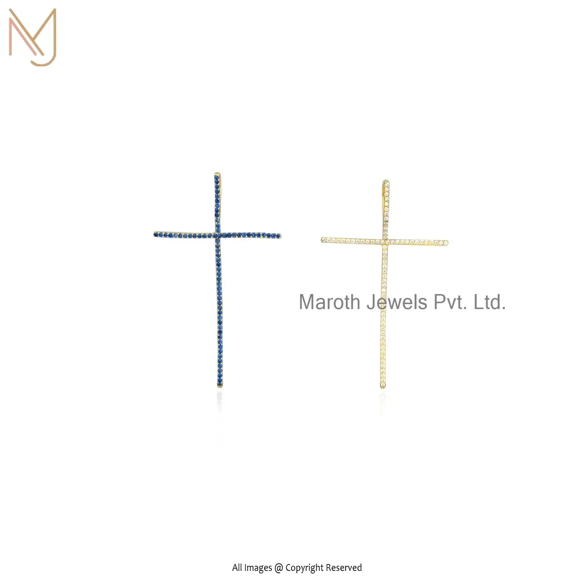 925 Silver Yellow Gold Plated Blue Sapphire Cross Pendant Jewelry Supplier