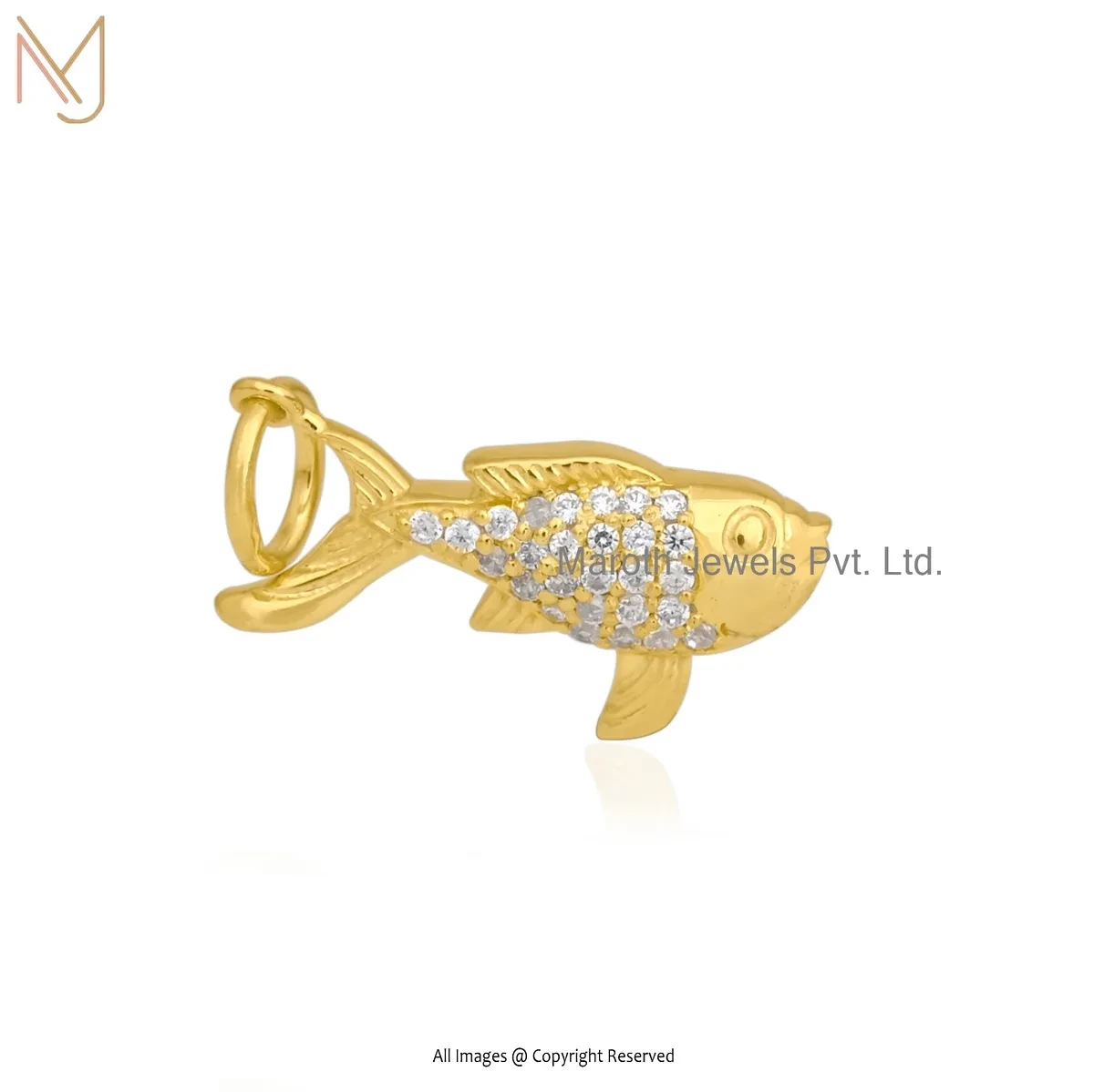 Private Lable 14K Yellow Gold Diamond & Cubic Zircon Fish Charm Pendant