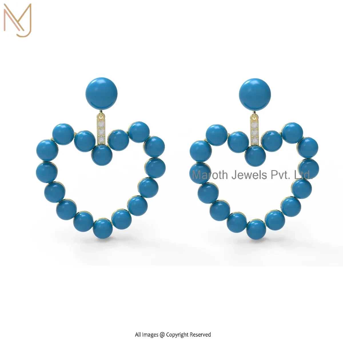 Wholesale 14K Yellow Gold Diamond Turquoise Gemstone Heart Design Stud Earring