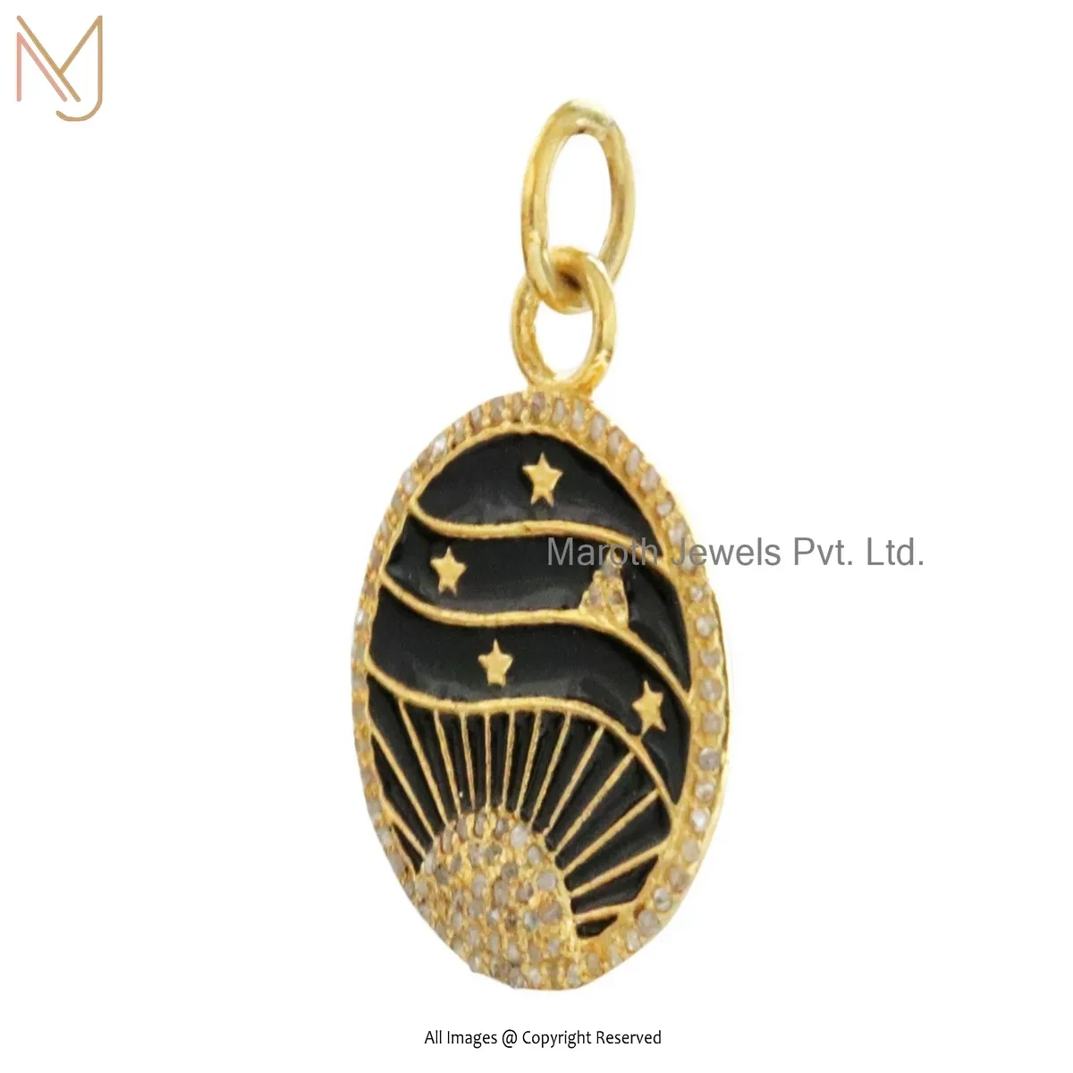 14K Soild Yellow Gold Pave Diamond Black Enamel Sun And Star Pendant USA