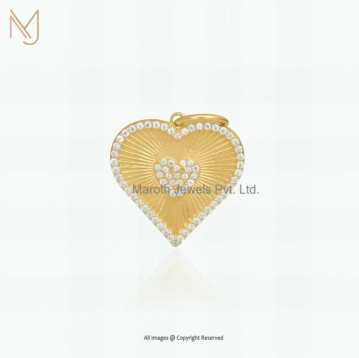 925 Sterling Silver Yellow Gold Plated Cubic Zircon Fluted Heart Pendant Custom Jewelry