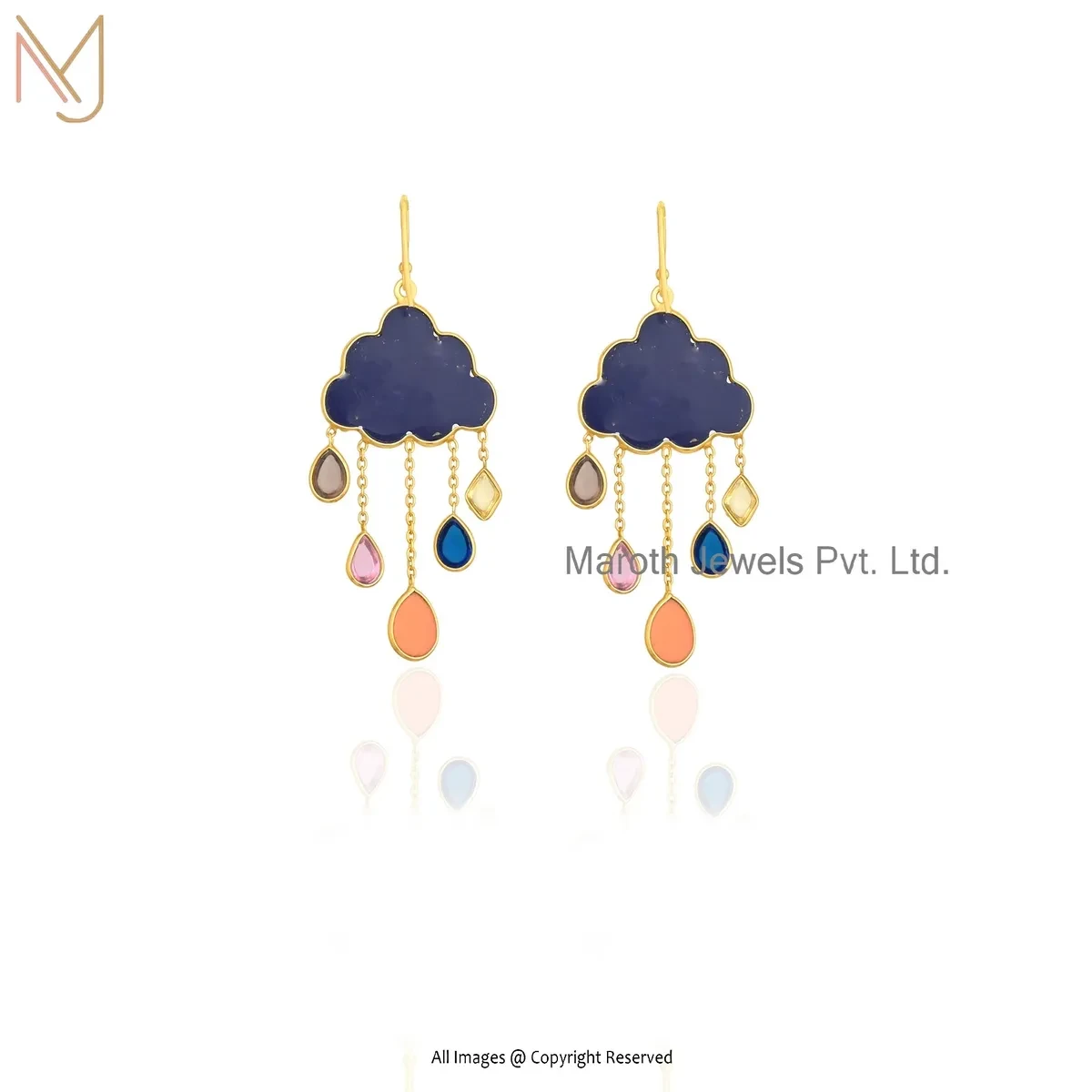 14K Yellow Gold Mother Of Pearl And Multi Gemstone Clouds Earring Manufacturer