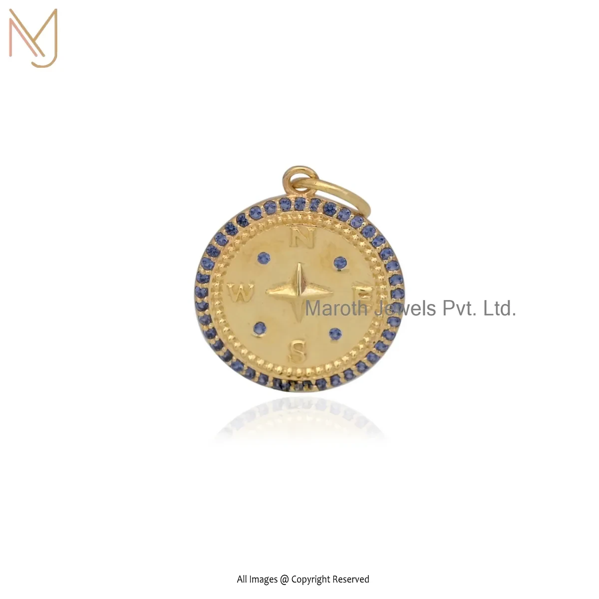14K Yellow Gold Blue Sapphire Gemstone Compass Pendant Manufacturer