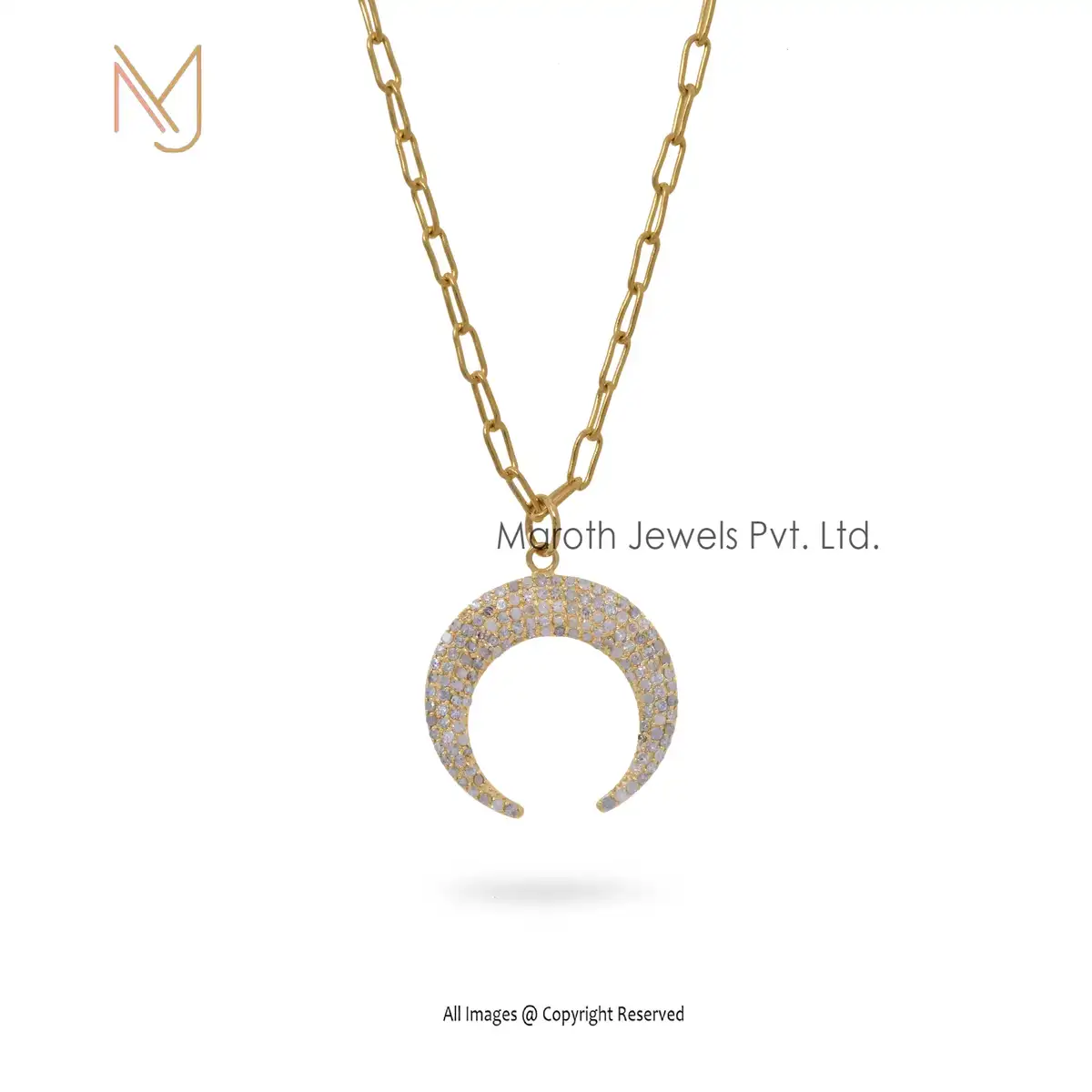 Private Lable 14K Yellow Gold Pave Diamond Half Moon Pendant Handmade Jewelry