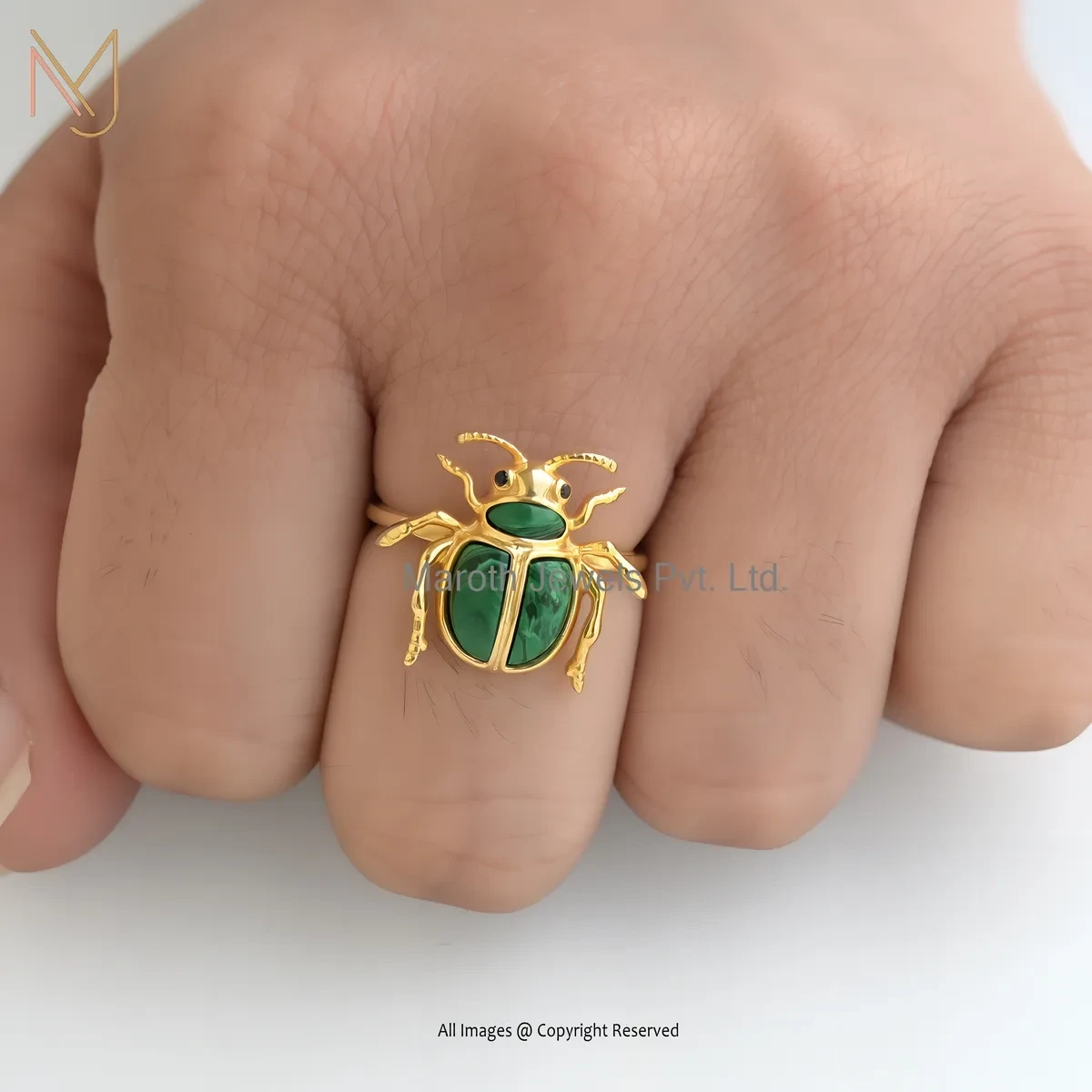 14K Yellow Gold Labradorite And Black Cubic Zircon Gemstone Scarab Ring USA