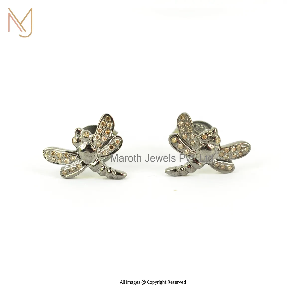 14K White Gold Pave Diamond Dragonfly Stud Earring Jewelry Supplier