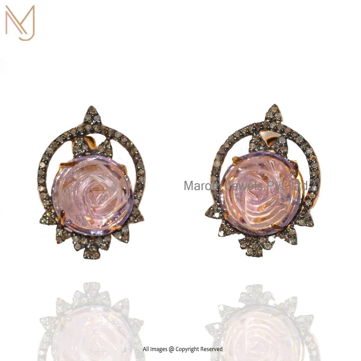 Wholesale 14K Yellow Gold Pave Diamond Rose Quartz Gemstone Stud Earring