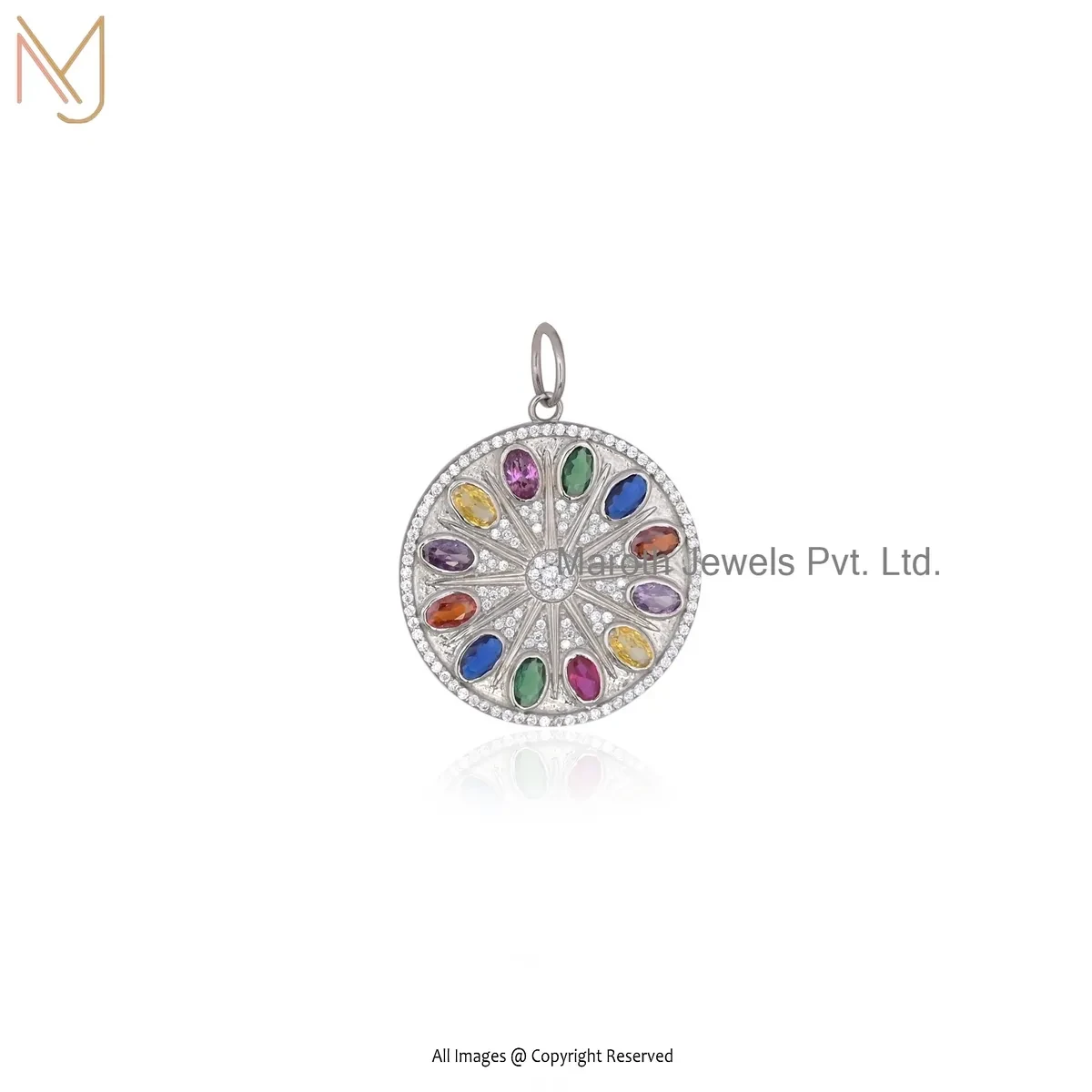 925 Sterling Silver Yellow Gold Plated Multi Cubic Zircon Disc Pendant Manufacturer