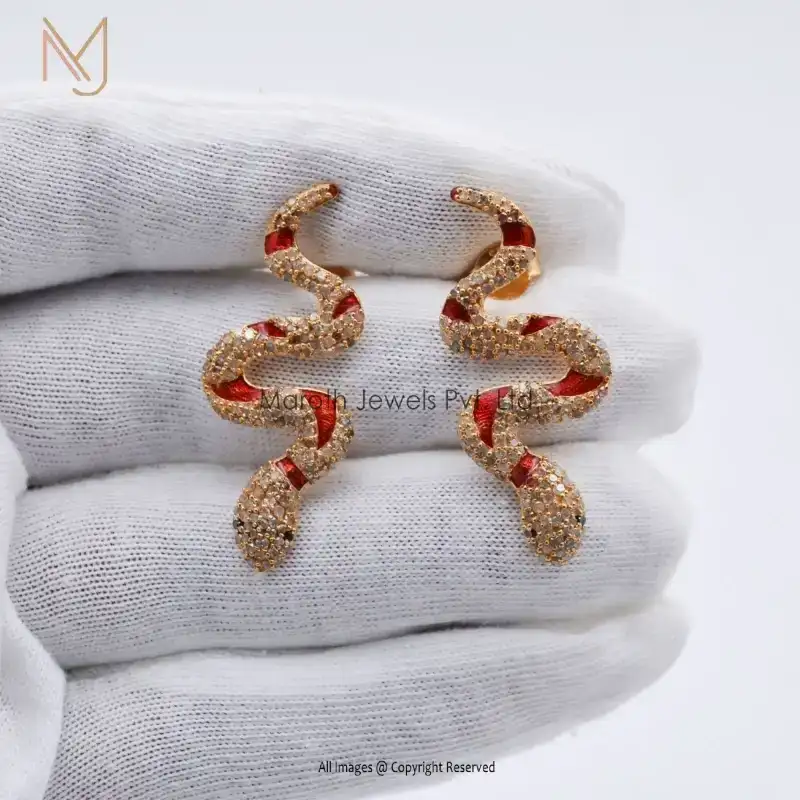 14K Yellow Gold Snake Enamel Diamond Earrings Handmade Jewelry Manufacturer