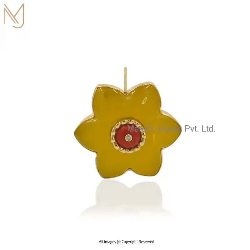 14K Yellow Gold Chalcedony & Carelian OR Diamond Gemstone Flower Pendant USA