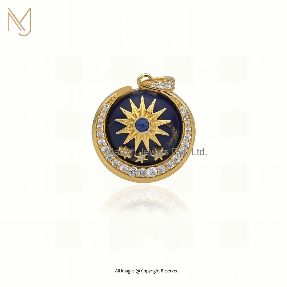 925 Silver Yellow Gold Plated Lapiz Lazuli And Cubic Zircon Star Moon Disc Pendant USA