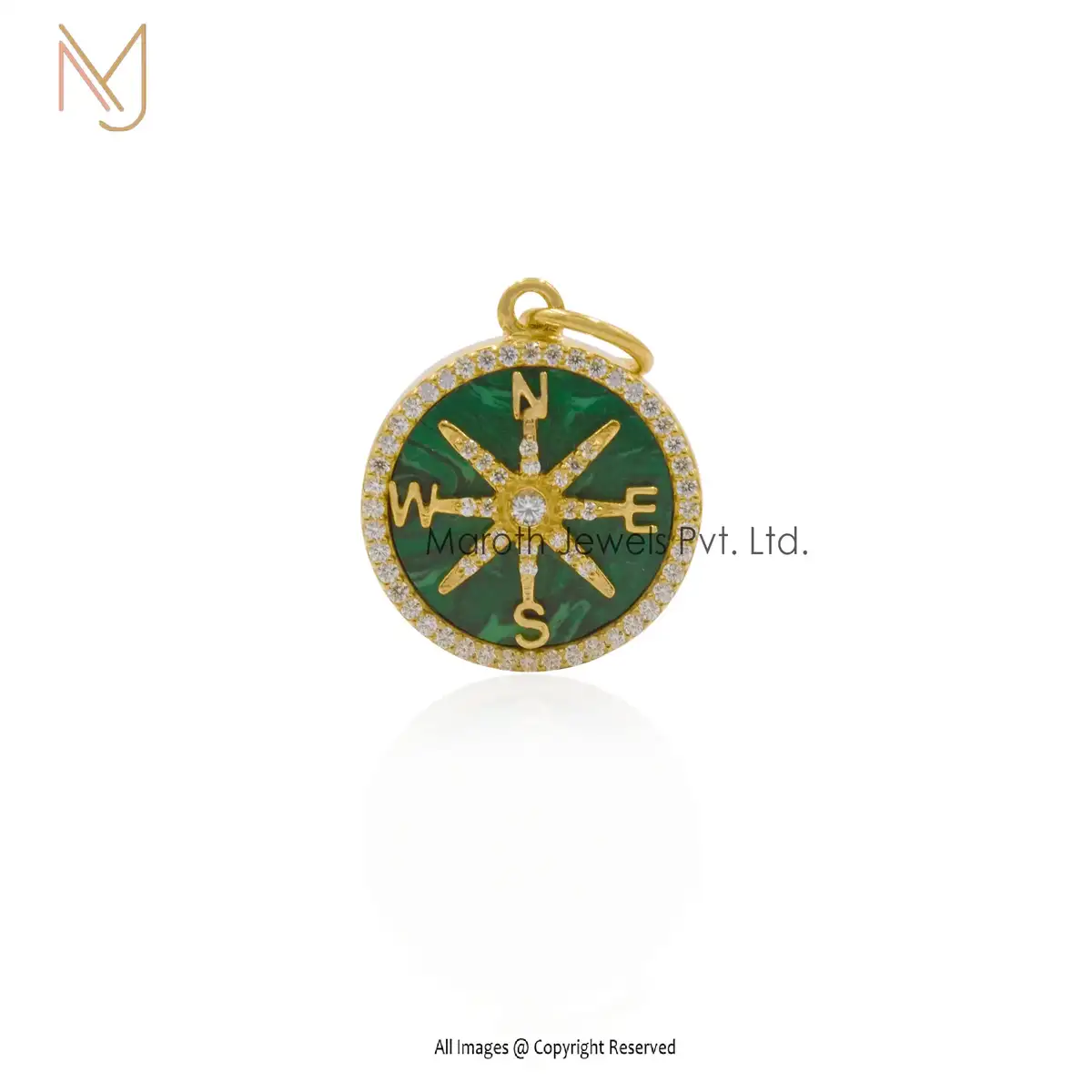14K Yellow Gold Turquoise And White CZ Compass Pendant Jewelry Supplier