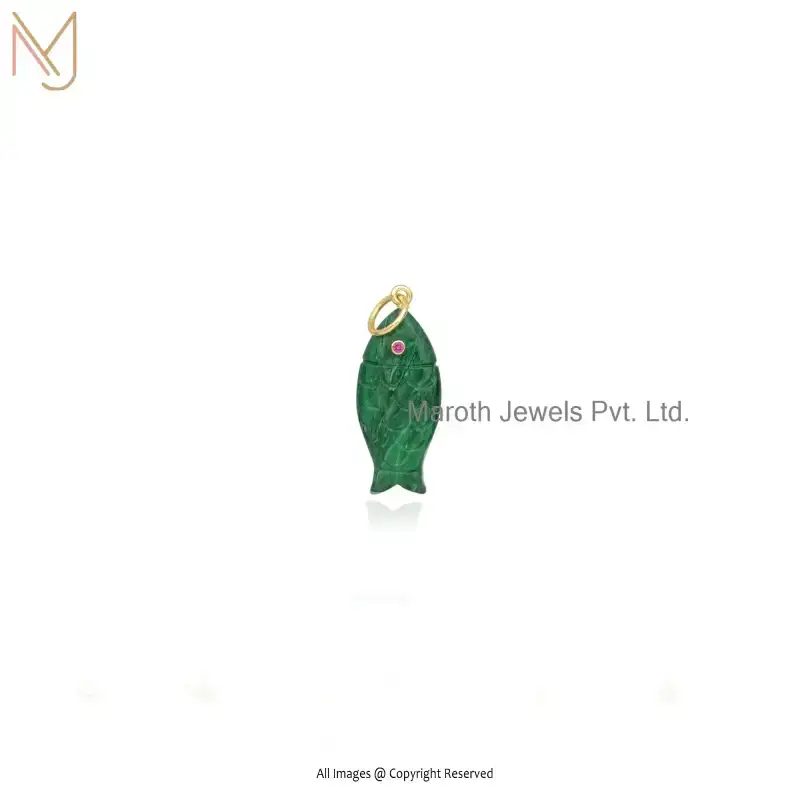 14K Yellow Gold Malachite And Ruby Cubic Zircon Gemstone Fish Pendant Custom Jewelry