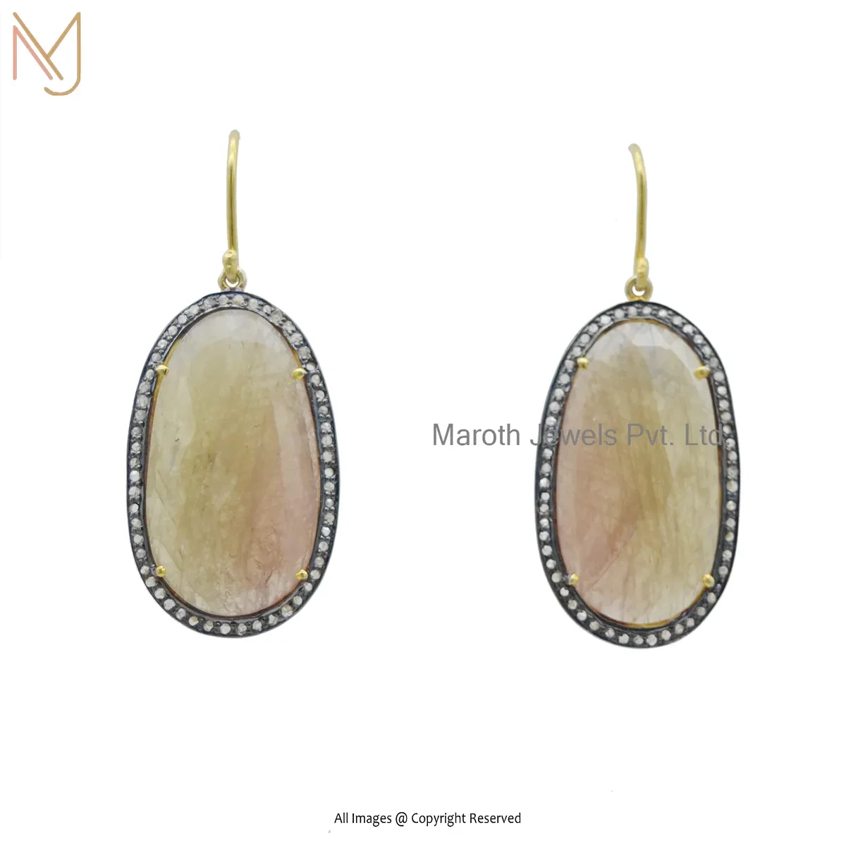 14K Yellow Gold Pave Diamond Yellow Sapphire Gemstone Drop Earring Jewelry Supplier