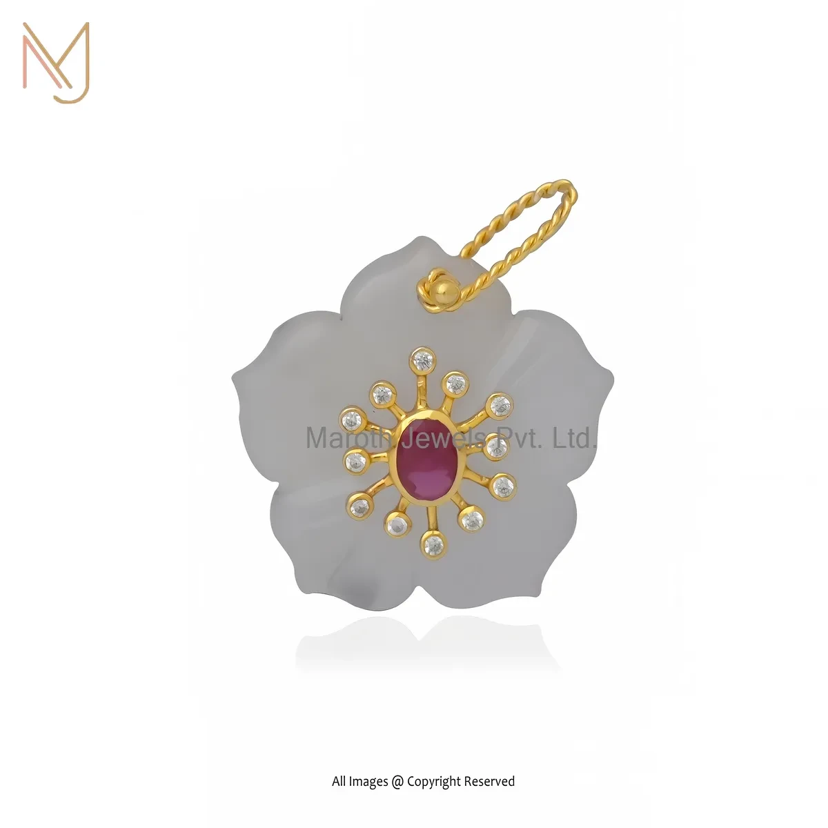 Private Lable 14K Yellow Gold Moonstone And Ruby Cubic Zircon Flower Pendant