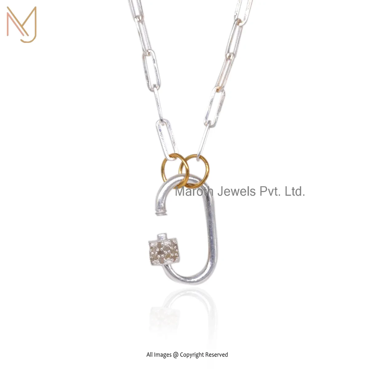 14K White Gold Chain Necklace Charm Carabiner Lock Custom Jewelry