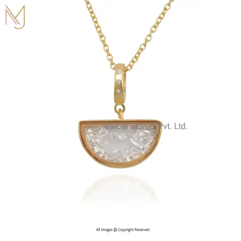 14K Yellow Gold Diamond Crystal Quartz Half Moon Locket Pendant Jewelry Supplier
