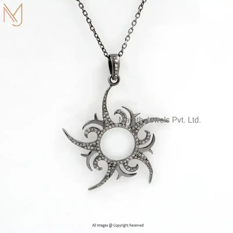 Private Lable 925 Silver White & Yellow Gold Plated Pave Diamond Sunburst Pendant Jewelry