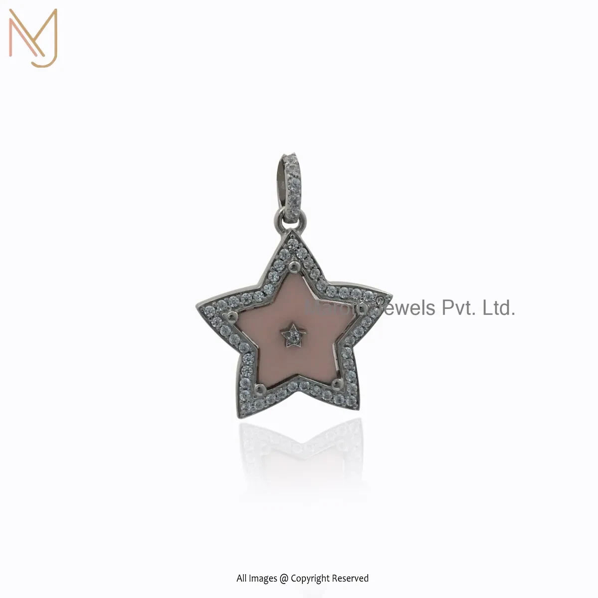 14K Yellow Gold Cubic Zircon & Pink Opal Gemstone Star Charm Pendant USA
