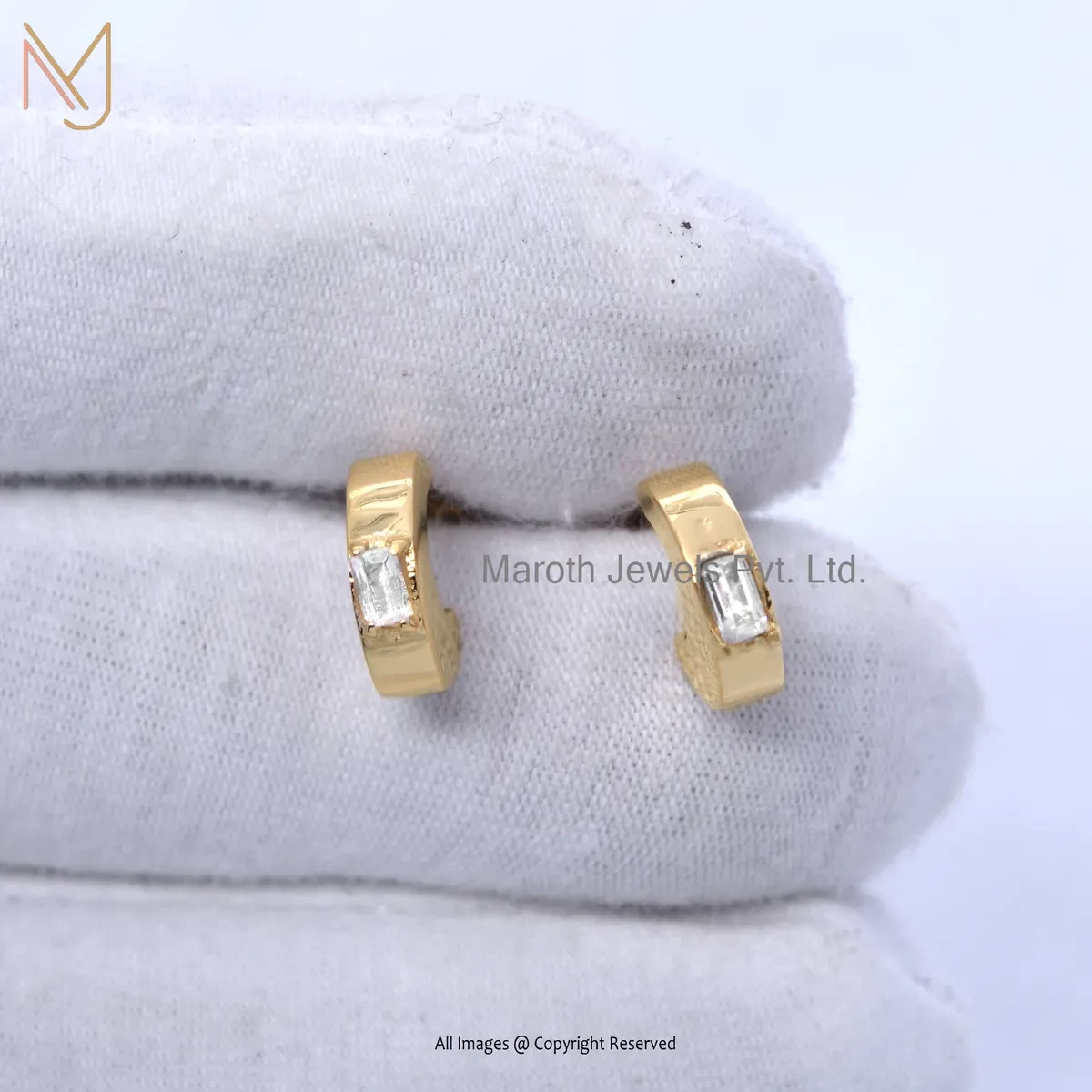 14K Yellow Gold White Topaz Baguette Cut Stud Earring Custom Jewelry