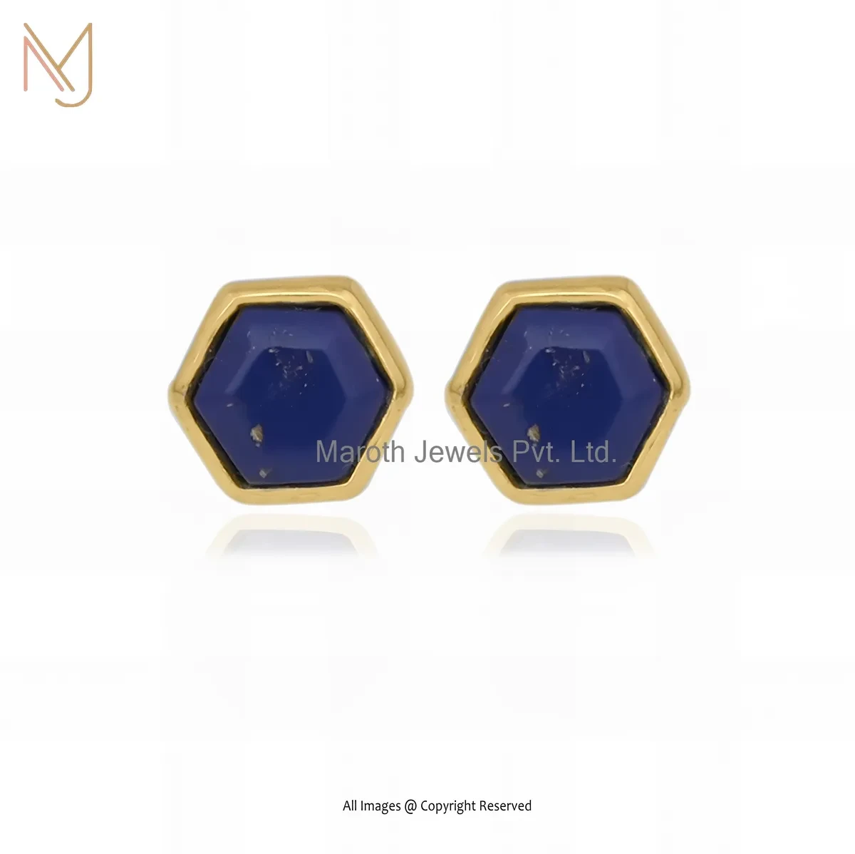 Private Lable 14K Yellow Gold Lapiz Lazuli Hexagon Studs Earrings