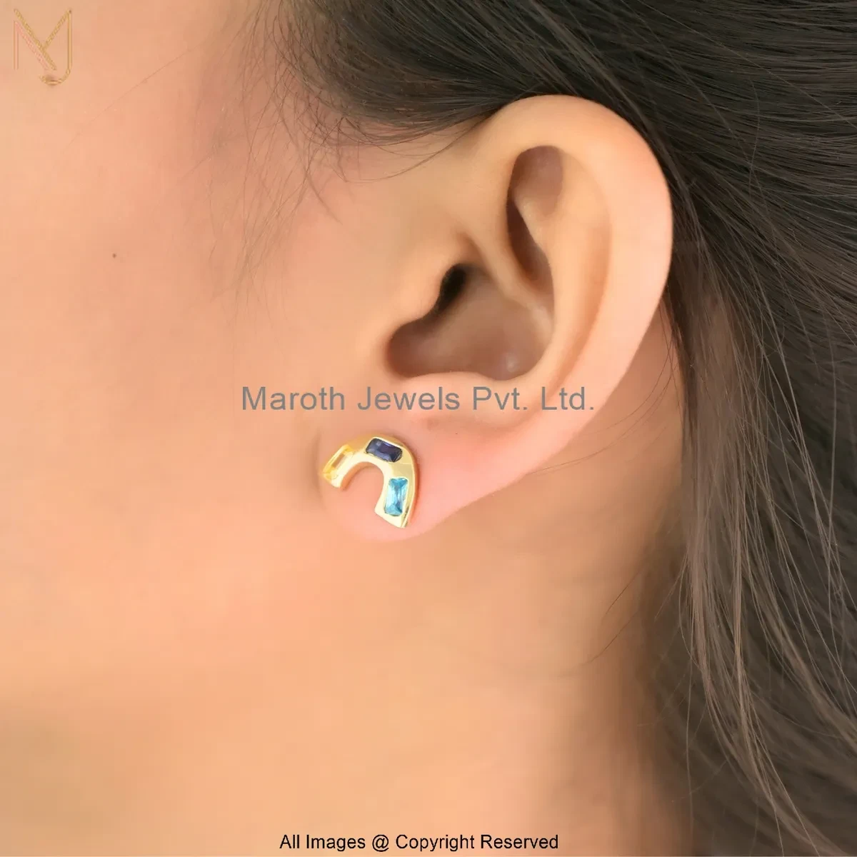 925 Silver Yellow Gold Plated Multi Baguette Rainbow Stud Earring Jewelry Supplier