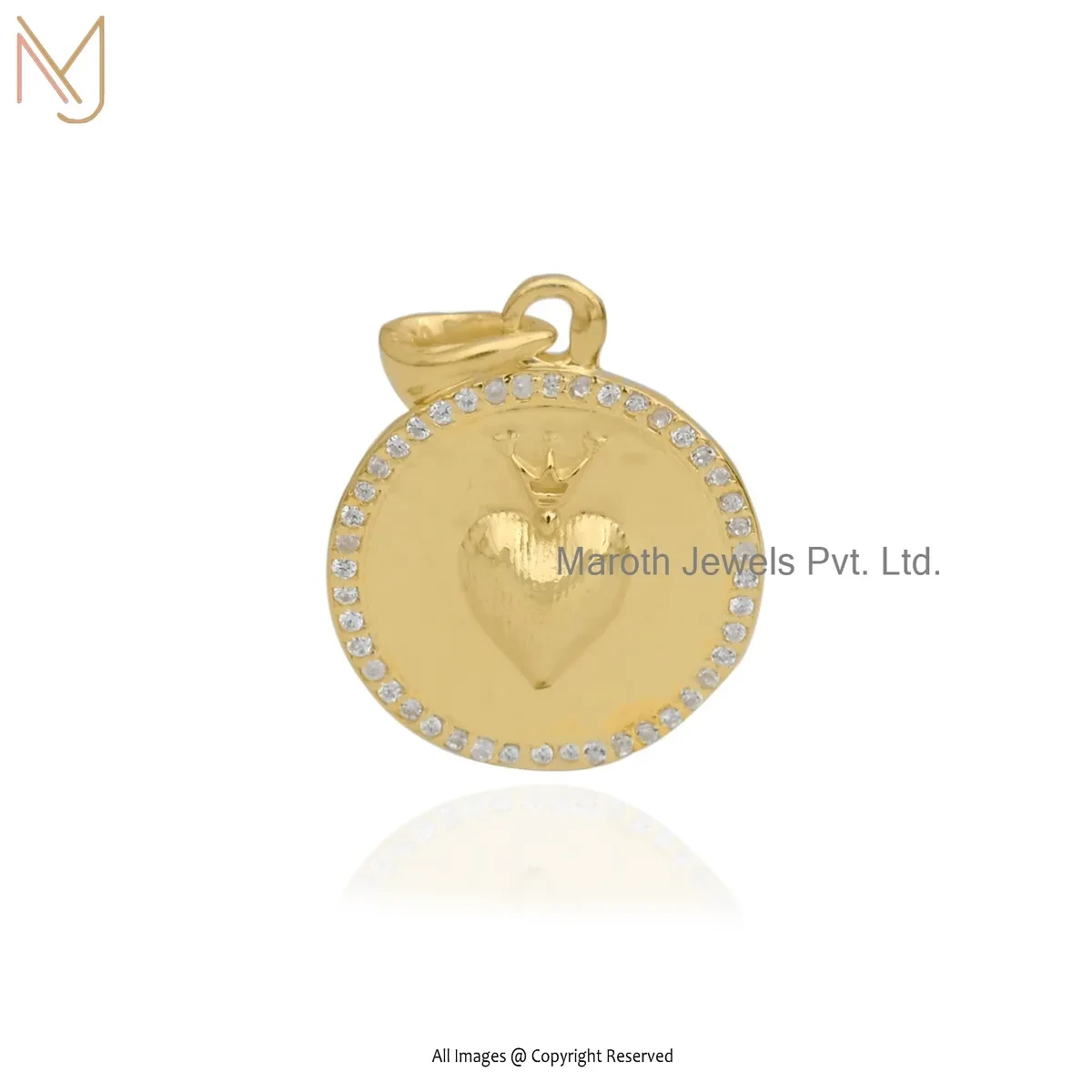 Private Lable 14K Yellow Gold Diamond & Cubic Zircon Gemstone Heart Disc Pendant Jewelry