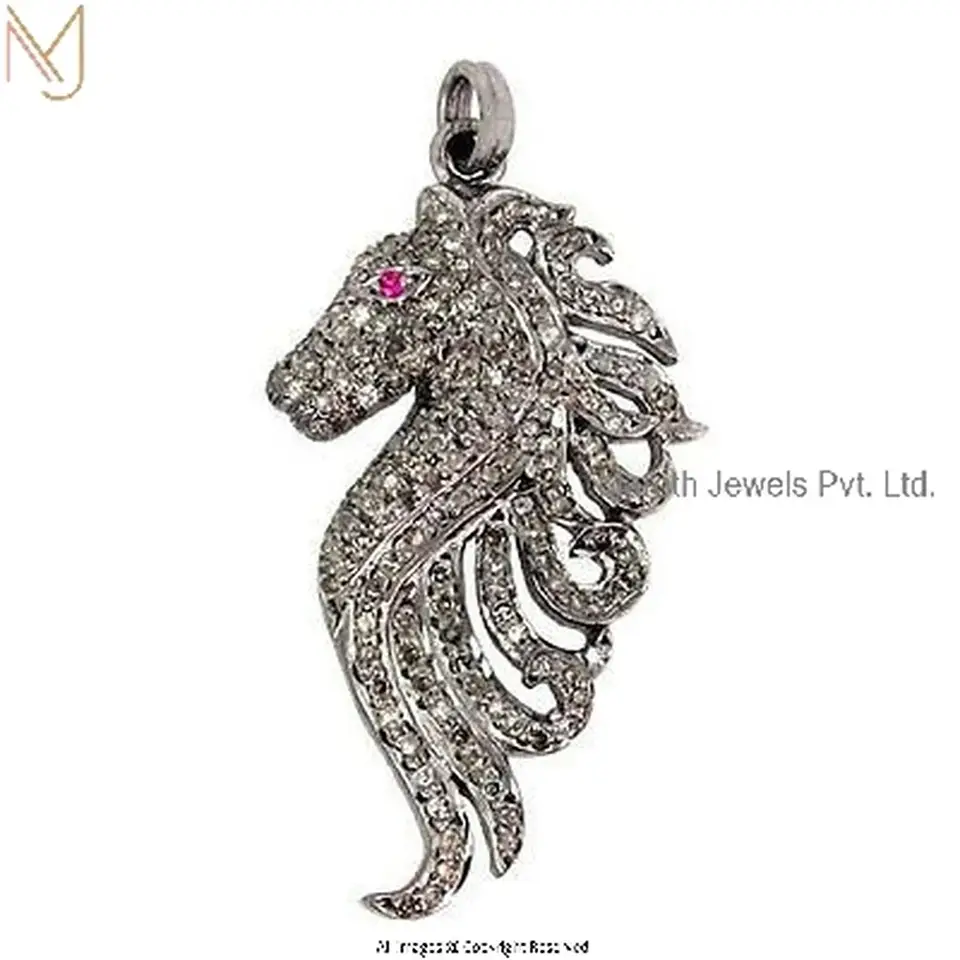 925 Silver Yellow Gold Plated Pave Diamond Sea Horse Pendant Jewelry Supplier