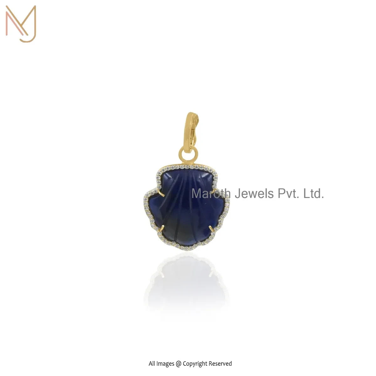 Private Lable 14K Yellow Gold Cubic Zircon & Blue Quratz Gemstone Shell Pendant