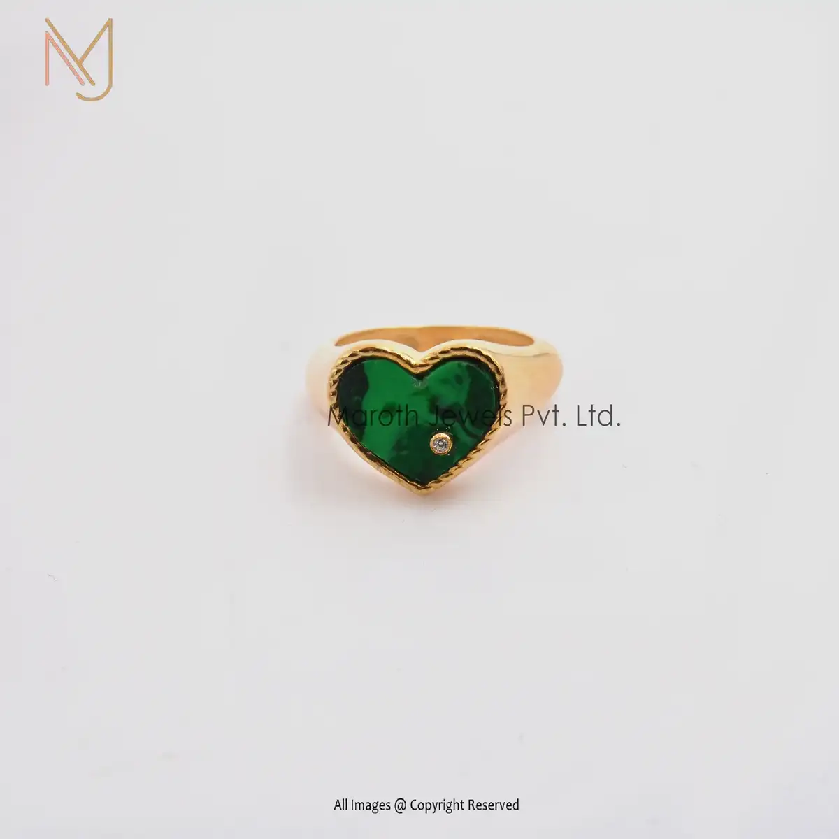 925 Silver Yellow Gold Malachite With White Topaz Heart Ring Manufacturer